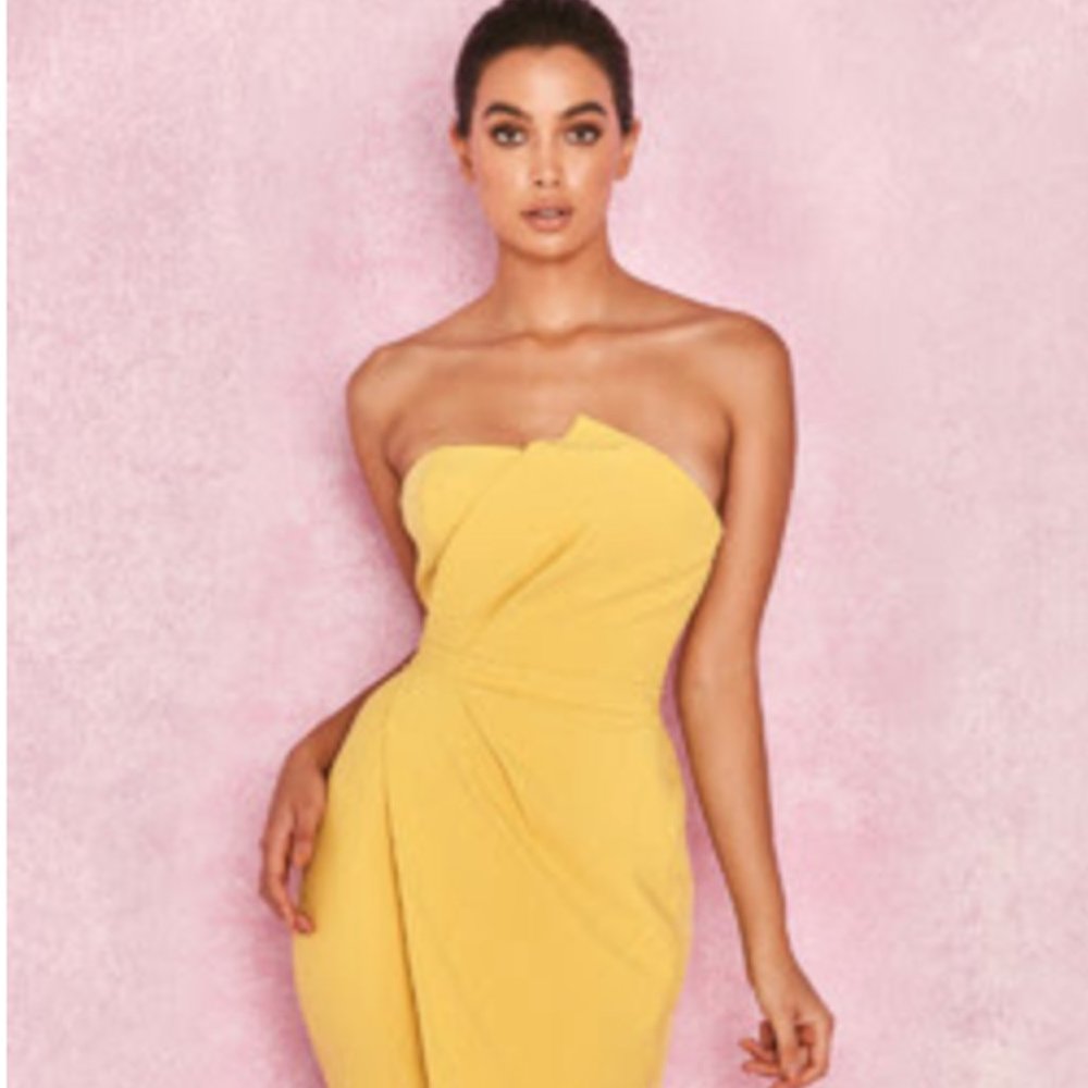House of CB Strapless Yellow Draped Midi Dress